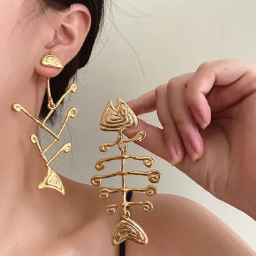 DAIIIBABYYY  -  Mew Creative Fish Bone Asymmetric Dangle Earrings For Woman Vintage Personality Party Jewelry Gifts